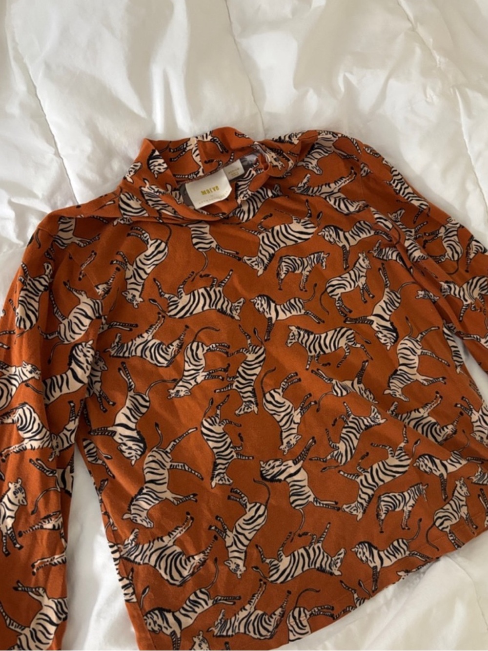 ✨🦓Anthropologie Rust Orange Zebra Print Long Sleeve Top Safari Mock Neck Medium